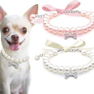 2 Pcs Dog Cat Pearl Collar Necklace with Rhinestone Bone, Fancy Cat Wedding