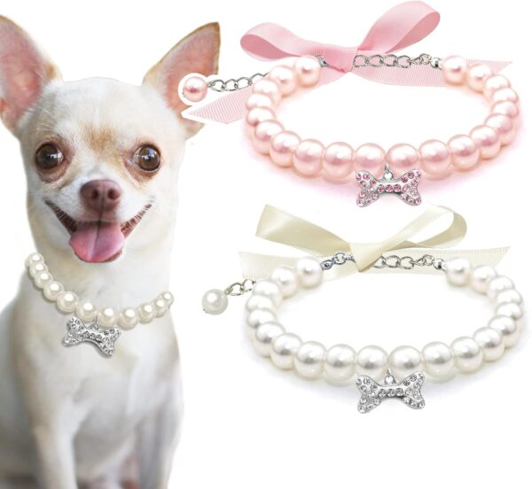 2 Pcs Dog Cat Pearl Collar Necklace with Rhinestone Bone, Fancy Cat Wedding