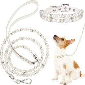 2 Pcs Pearl Collar and Leash for Dogs Set Including Dog Pearl Leash 2 Rows