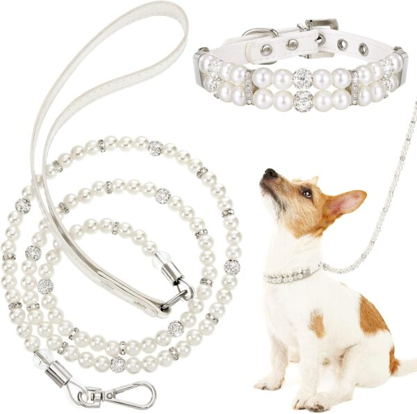 2 Pcs Pearl Collar and Leash for Dogs Set Including Dog Pearl Leash 2 Rows