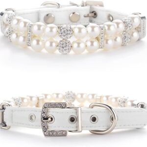 HOWWFALY Dog Cat Pearl Collars with Crystal Rhinestone PU Leather Collars