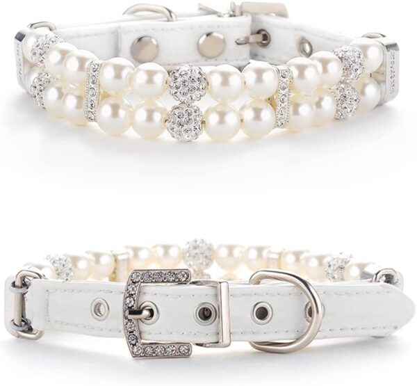 HOWWFALY Dog Cat Pearl Collars with Crystal Rhinestone PU Leather Collars